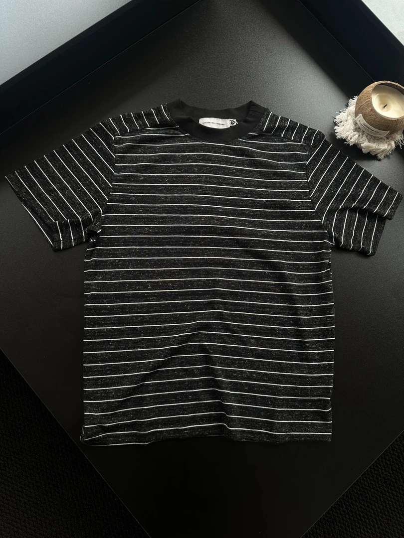 【Vince服饰】新贵高奢老钱风亚麻条纹拼接正肩通勤休闲圆领短袖T恤