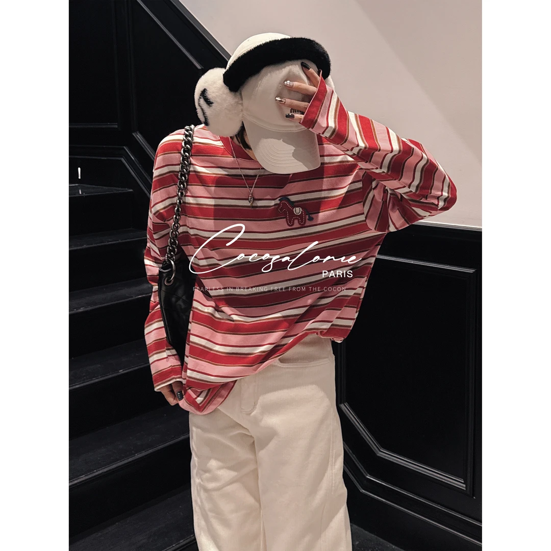 韩彬彬"红马"春秋100棉条纹宽松显瘦打底衫小马刺绣长袖T恤3444-8