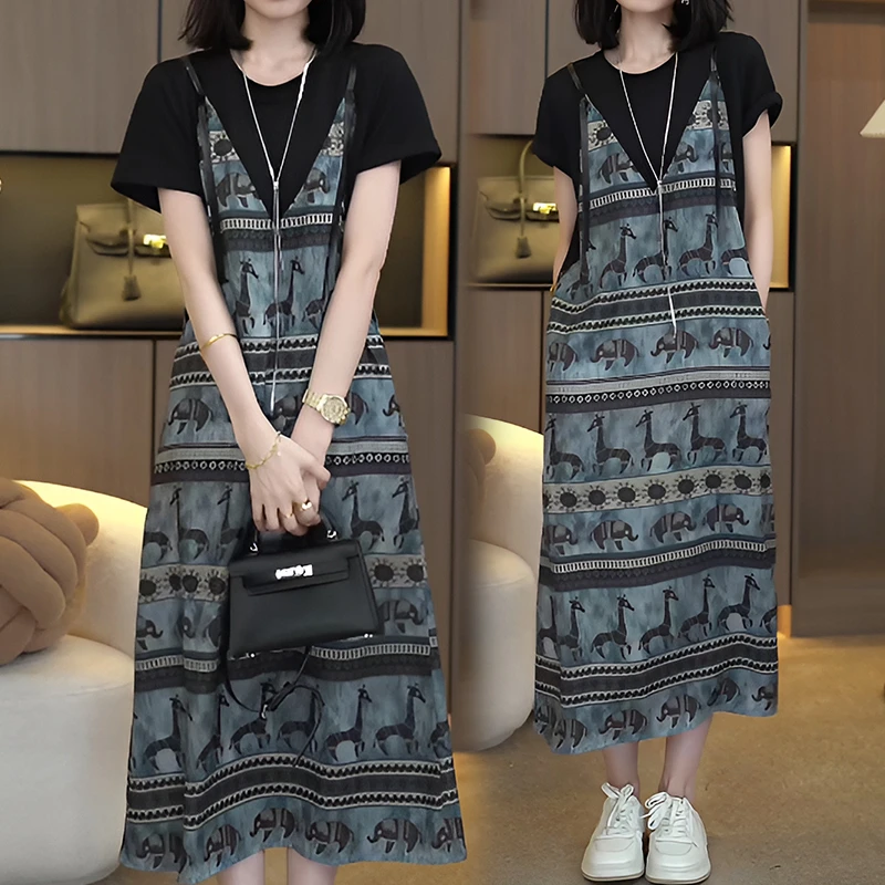 韩版松弛感民族风假两件连衣裙女夏季2025新款宽松显瘦休闲T恤裙