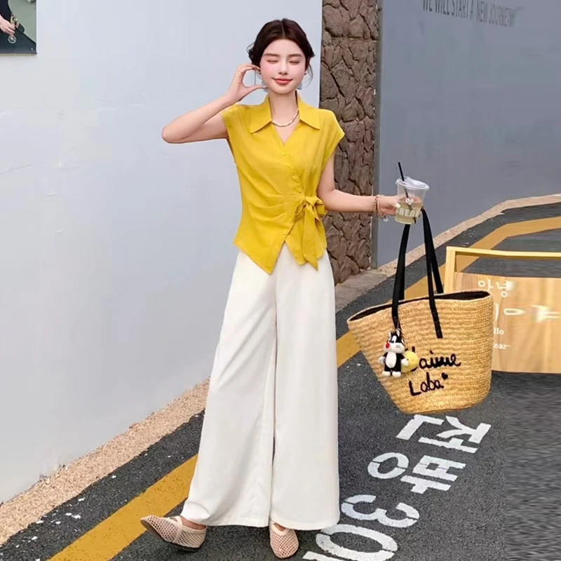 收腰洋气短袖衬衫女夏装新款时尚法式绑带不规则百搭上衣搭阔腿裤
