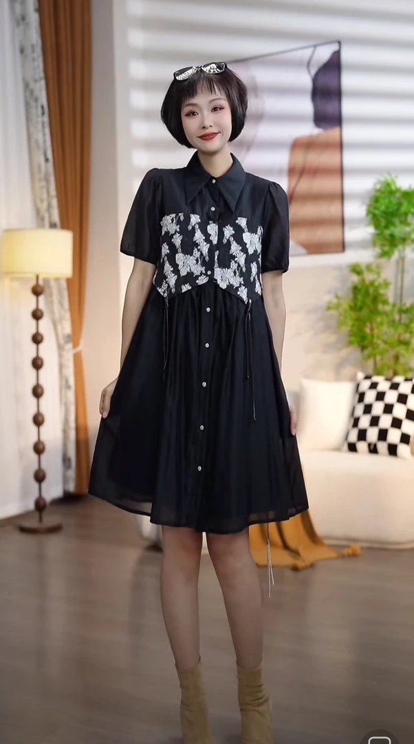 L801夏季时尚黑色衬衣翻V领短袖拼接单排扣宽松连衣裙DM7