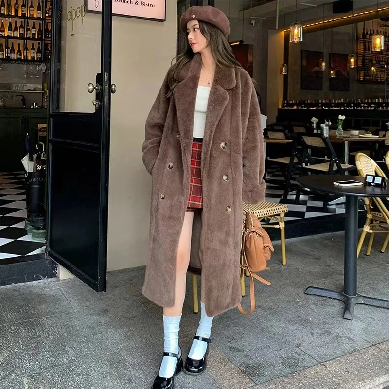 X1907-XH女冬宽松加厚西服领长款时尚大衣毛毛外套气质百搭