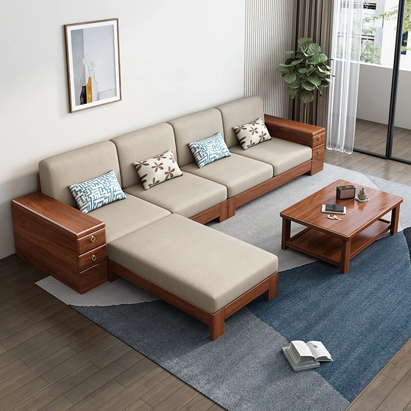 【满铺】居然之家胡桃木简约风现代经济小户型实木沙发组合F2206