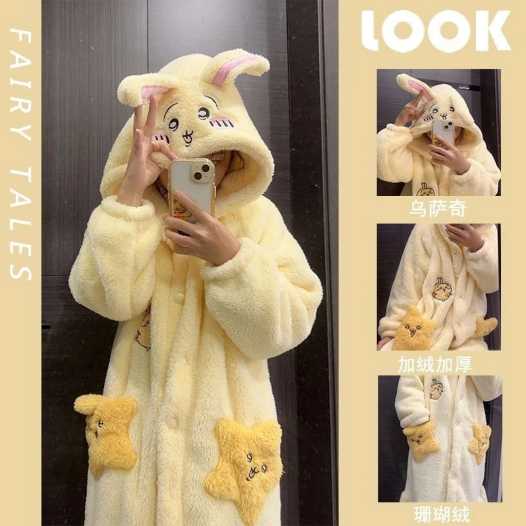 乌萨奇珊瑚绒睡衣女秋冬季新款加厚加绒可爱连帽睡袍家居服软