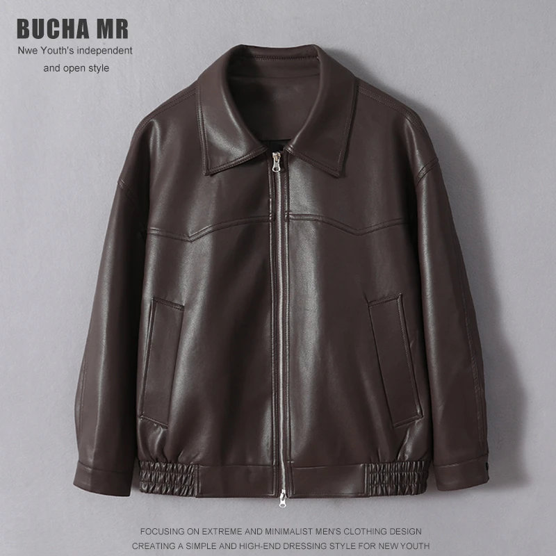 轻熟男士翻领简约休闲皮夹克春秋男生宽松时尚痞帅机车皮衣外套潮