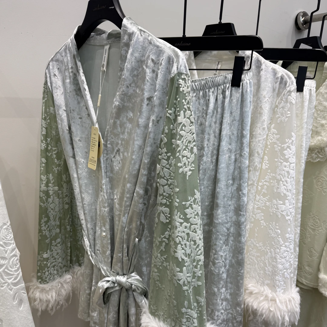 仙女风绒睡衣套装浅绿色羽毛镶边秋冬春秋家居服晨袍