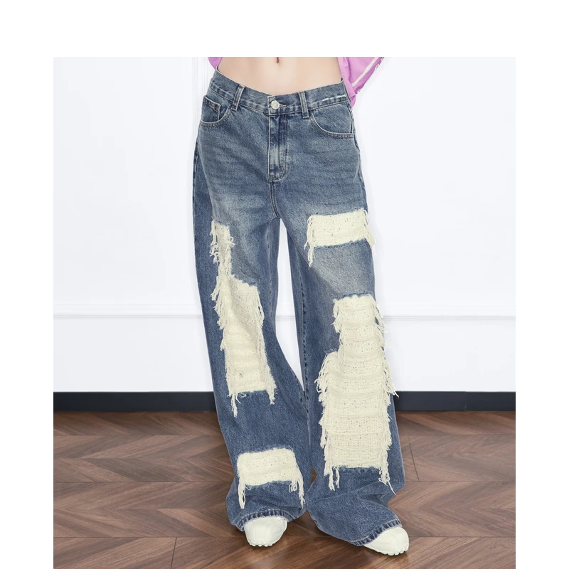 密扇云瑶之境水洗破洞牛仔裤M253C21113833