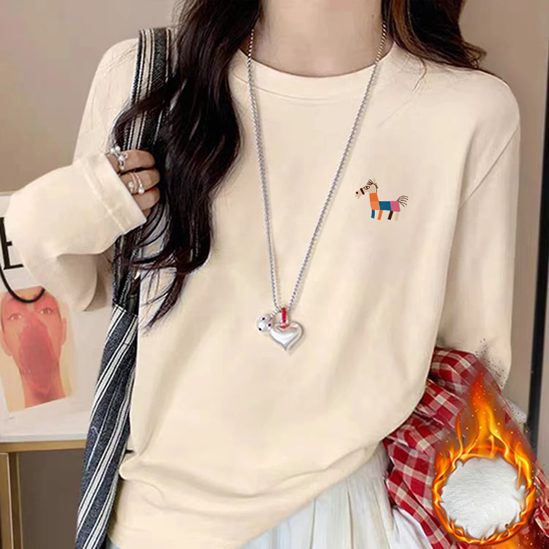 婳娇韩式休闲德绒长袖T恤女装圆领秋冬款加绒保暖百搭小个子上衣