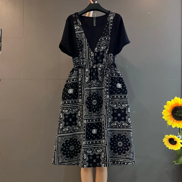 时尚复古印花拼接假两件收腰显瘦气质连衣裙