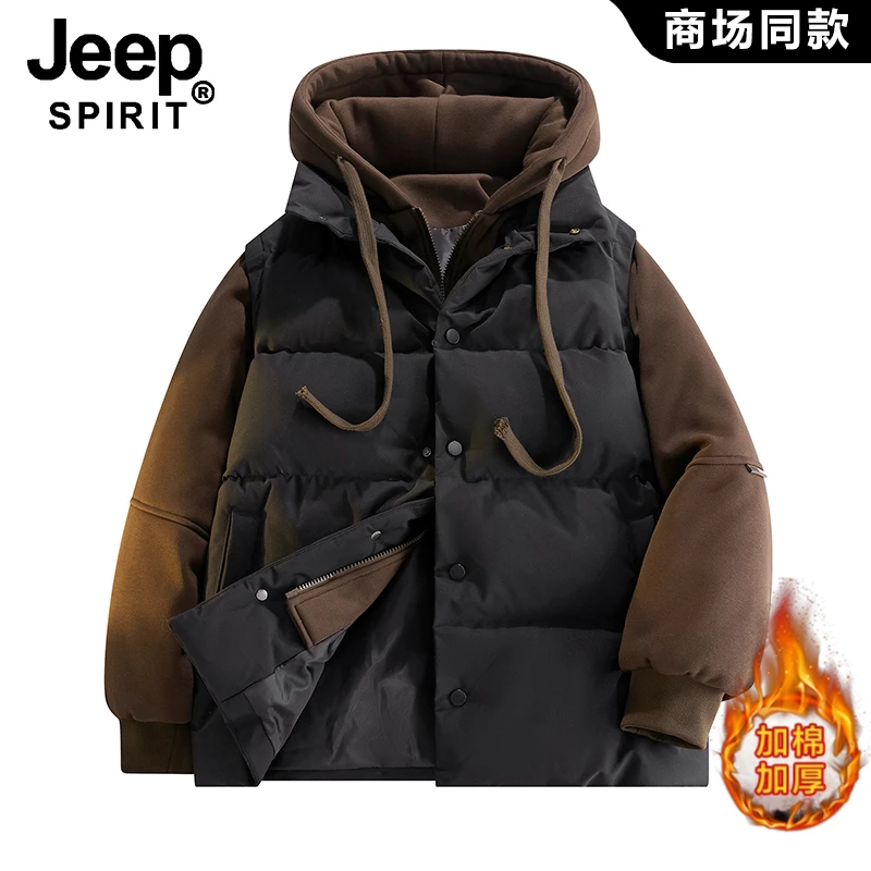 JEEPSPIRIT吉普冬季情侣连帽宽松棉服假两件男士加厚保暖夹克外套