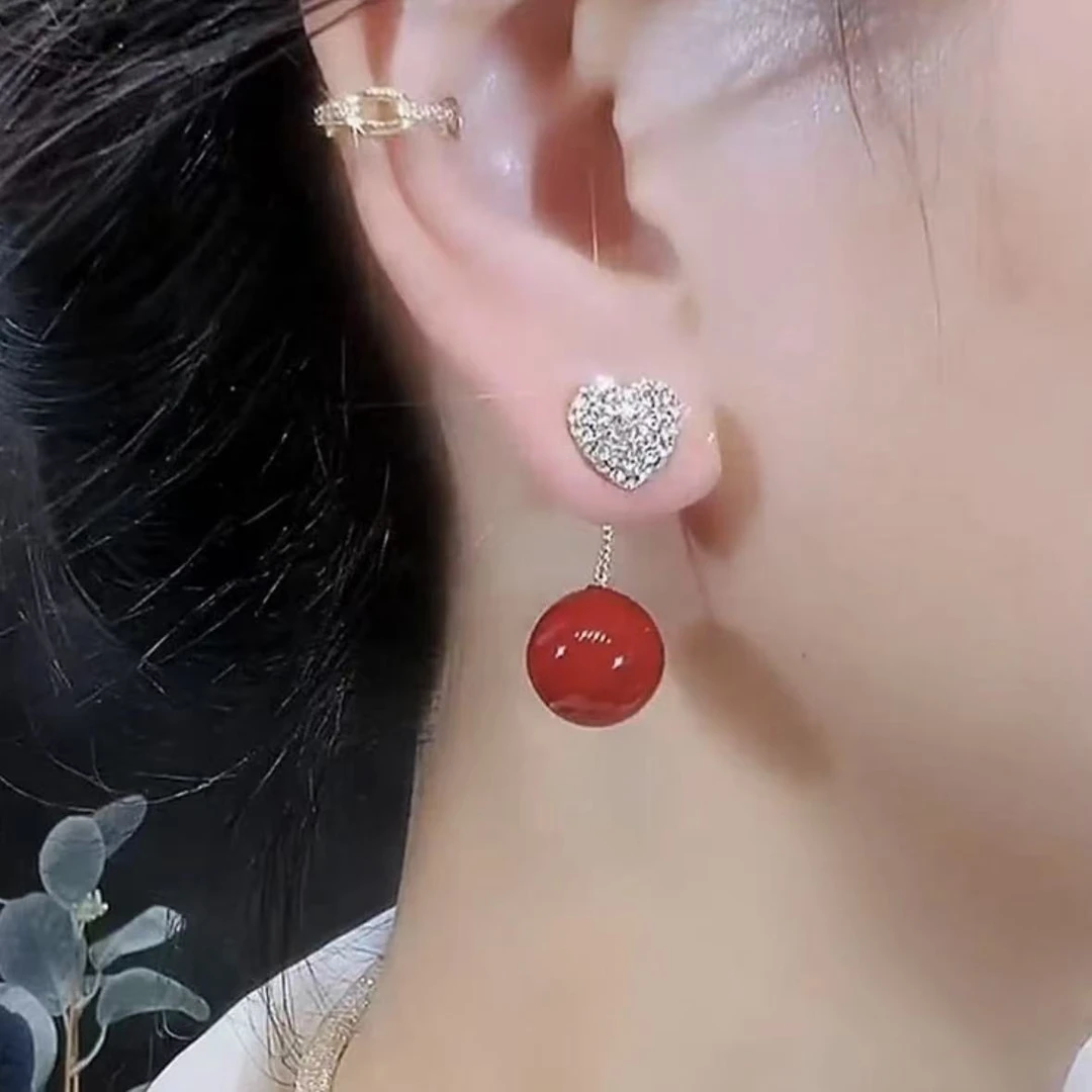 合金耳饰 锆石耳饰相思红豆长款时尚红色两戴耳环轻奢网红耳饰