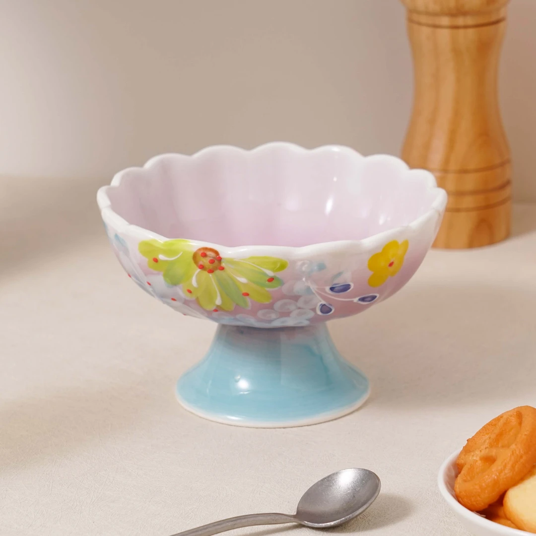 手绘釉下彩紫色月季濑户烧高脚小果碗