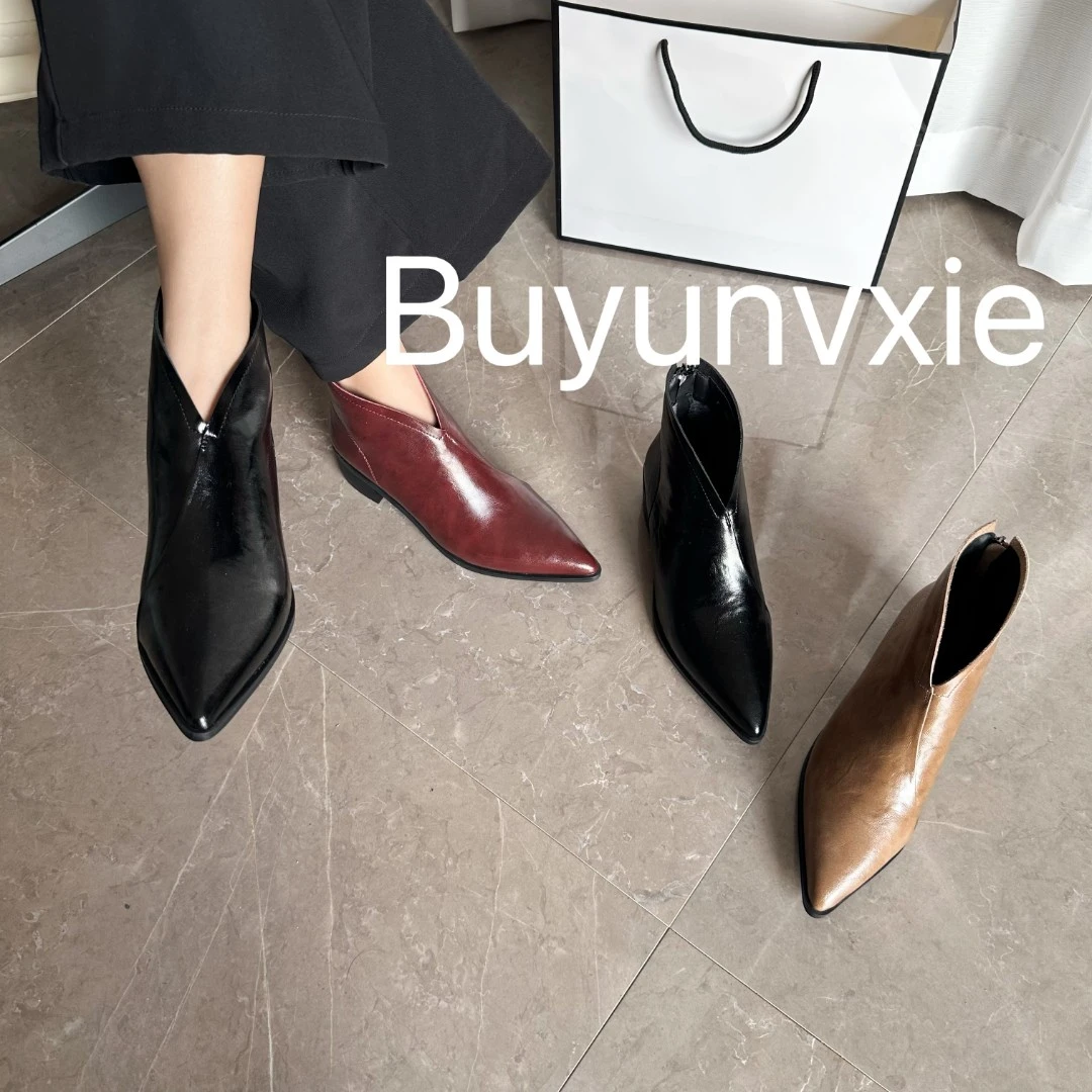 软羊皮短靴女真皮秋款尖头单靴爆款2025年秋冬新款粗跟低跟及裸靴