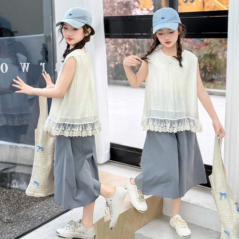 半身裙裤子套装无袖童装夏装儿童蕾丝女童洋气时尚夏季宽松中大童
