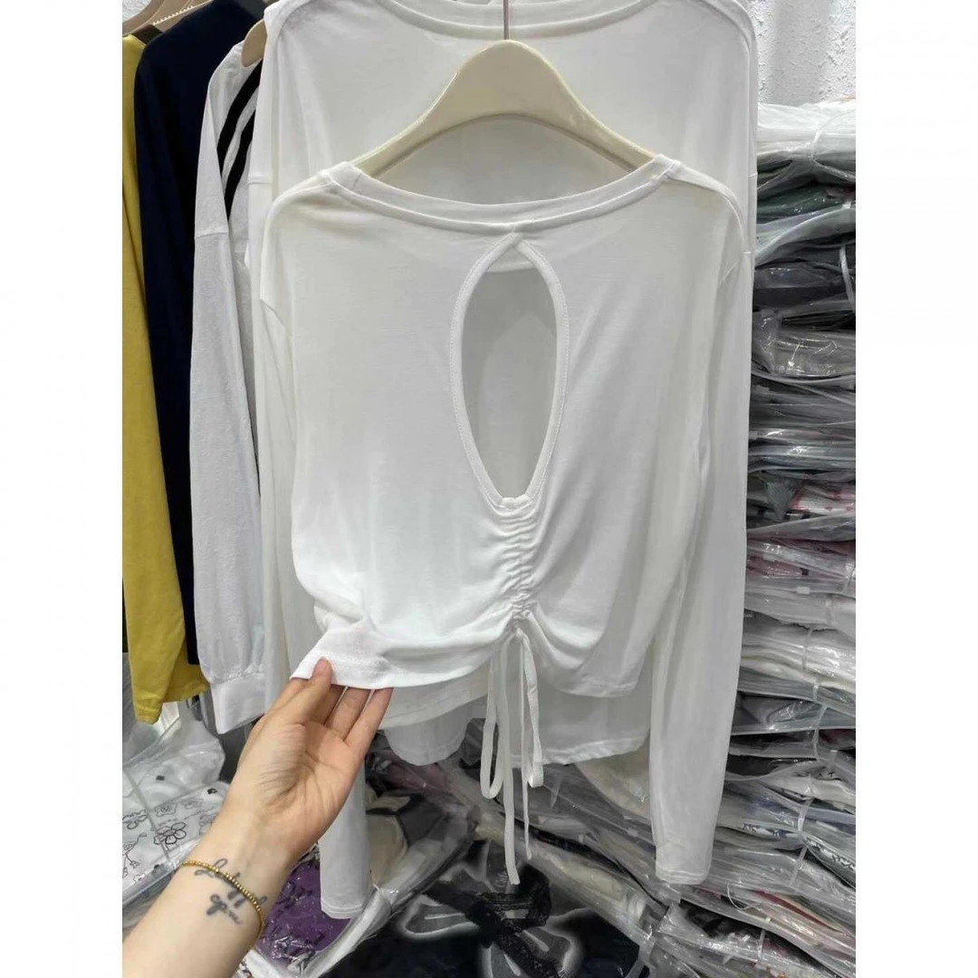 2024夏季新款韩版时尚百搭后背镂空小心机短款系带长袖T恤面膜衣