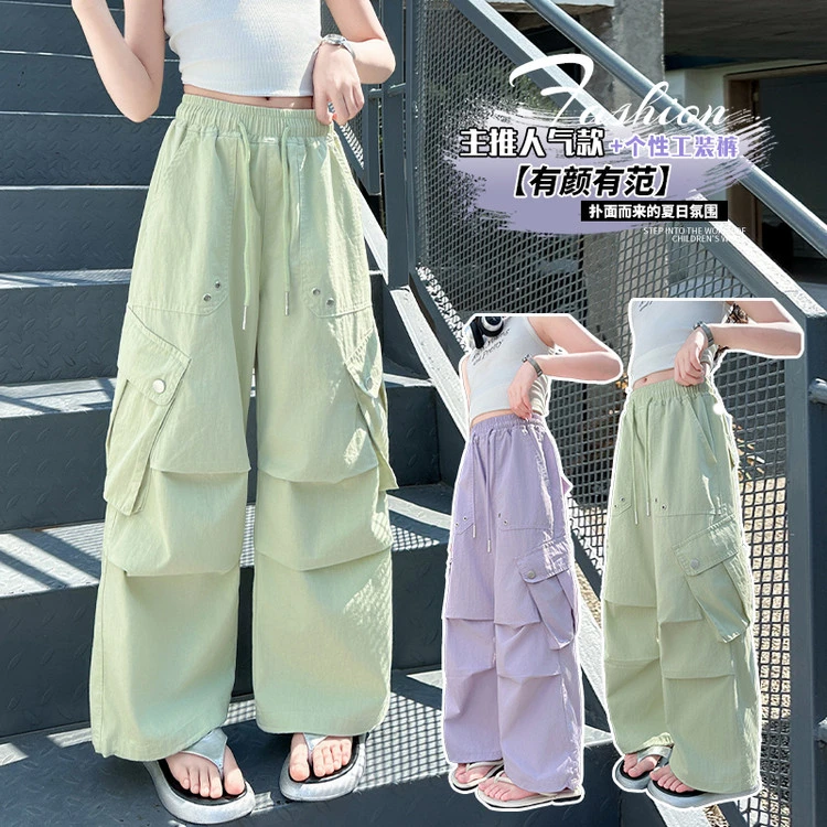 裤子韩版春夏秋女童百搭阔腿运动休闲冲锋裤天丝水洗棉工装裤