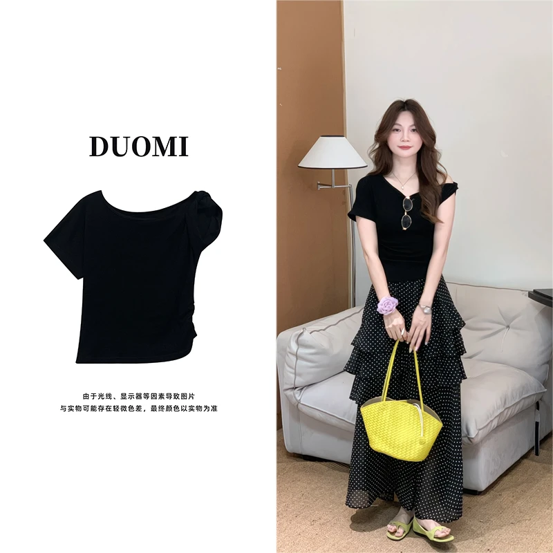 【DUOMI】夏季新款女装百搭时尚设计感斜肩纯色短袖上衣女D7157
