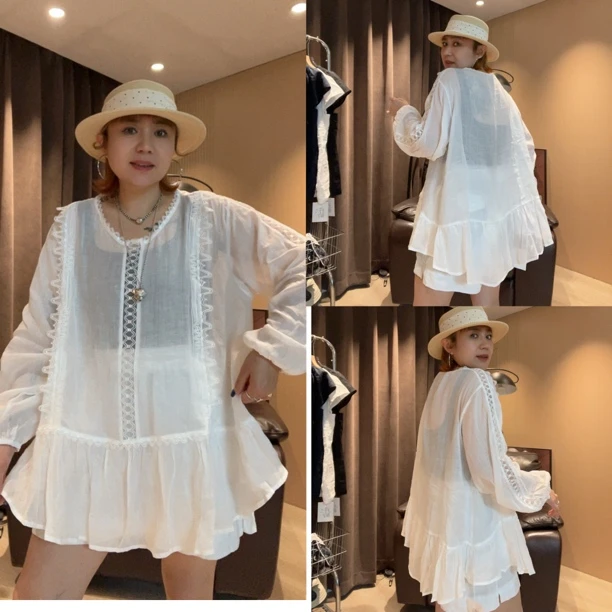 91062#娃娃款灯笼袖薄款衬衫女春夏甜美宽松遮肉上衣（卡码拍大）