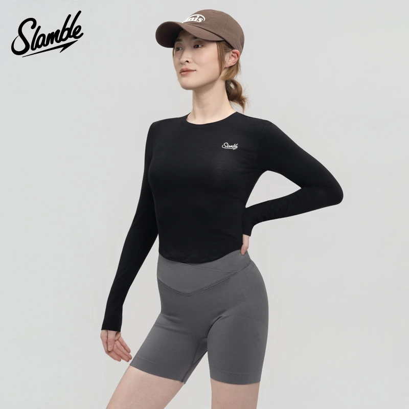 SLAMBLE女士裸肤莫代尔裸感运动健身收腰显身材打底长袖