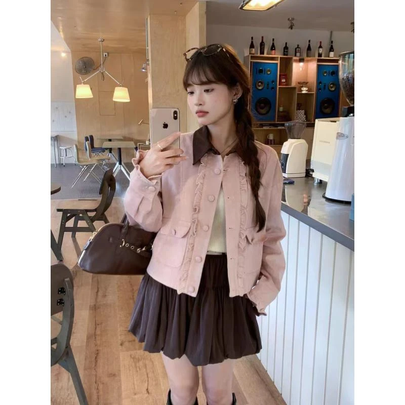 miu甜美粉色仿鹿皮宽松外套女新款撞色拼接翻领显瘦套装