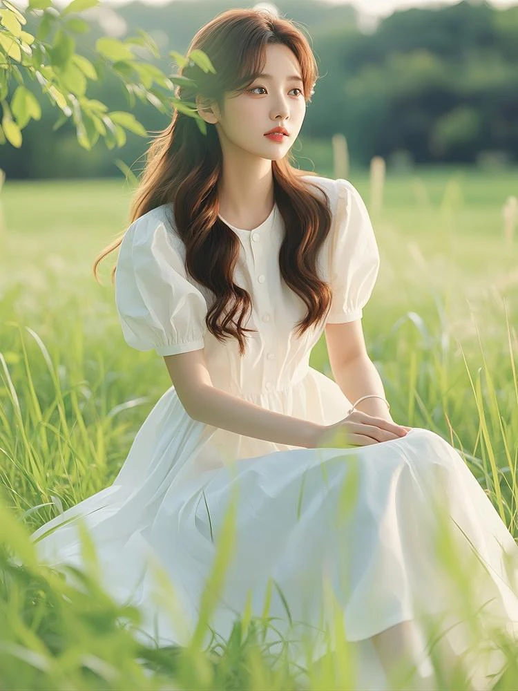 白色娃娃领连衣裙女夏轻奢高级感气质绝美女神范名媛法式温柔长裙