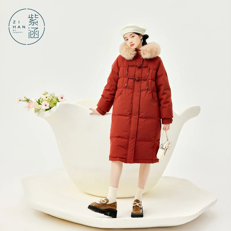 紫涵连帽狐狸毛领长款羽绒服冬季新款百搭加厚外套女Z4Z0JDS368