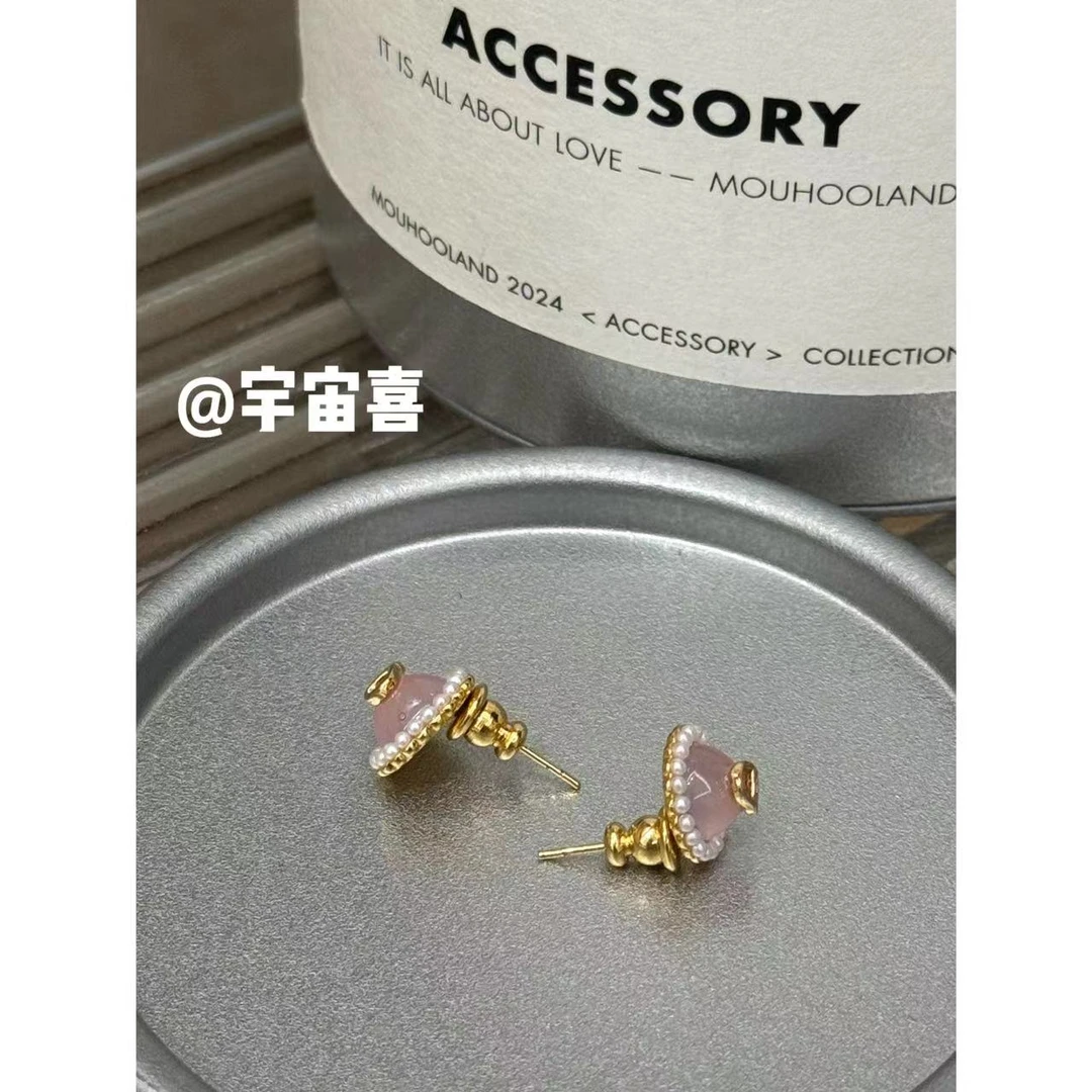 铜合金亚克力耳饰 B1-062【小米珠透明粉金配色迷你豆子耳钉】