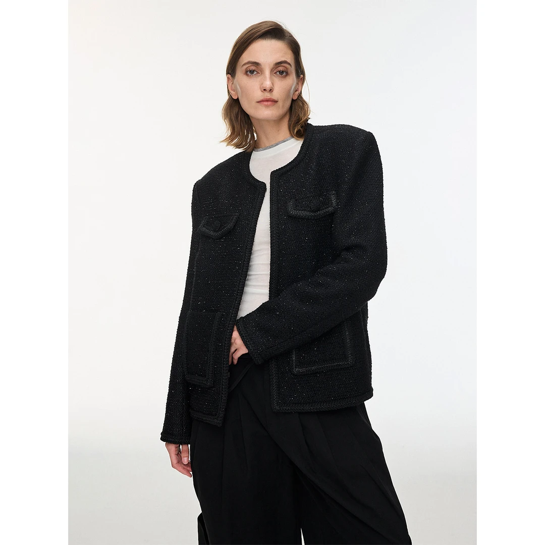 NUMBER HERE 璀璨星辰康塞尼羊毛混纺格纹小香风无领短夹克外套