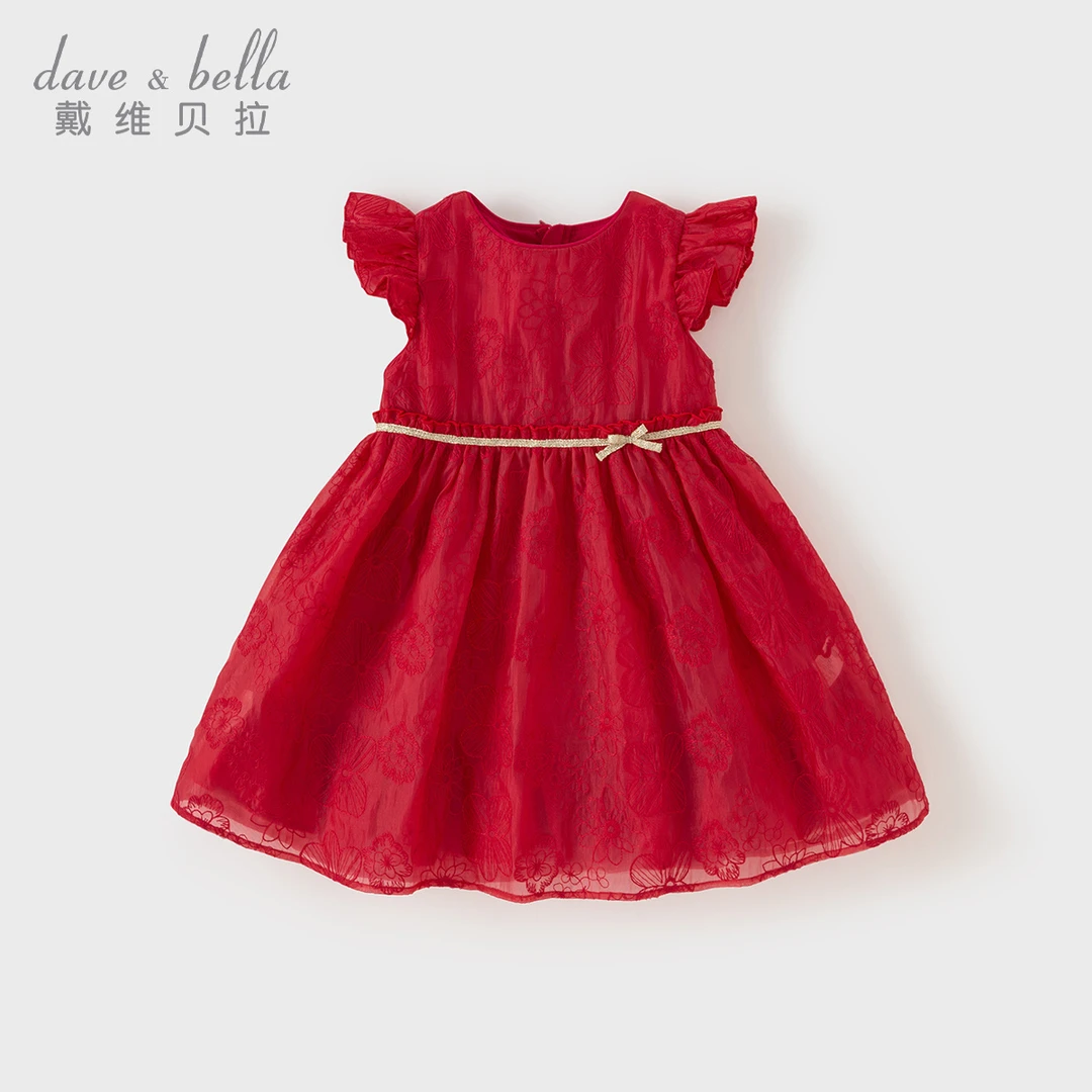 戴维贝拉儿童连衣裙夏装新款红色裙子女童宝宝气质礼服公主裙童装