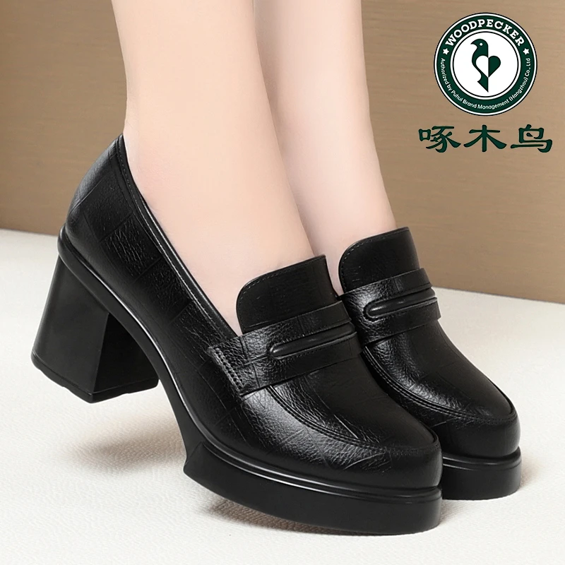 啄木鸟妈妈皮鞋春秋黑色工作鞋高跟乐福鞋粗跟女单鞋通勤上班鞋子