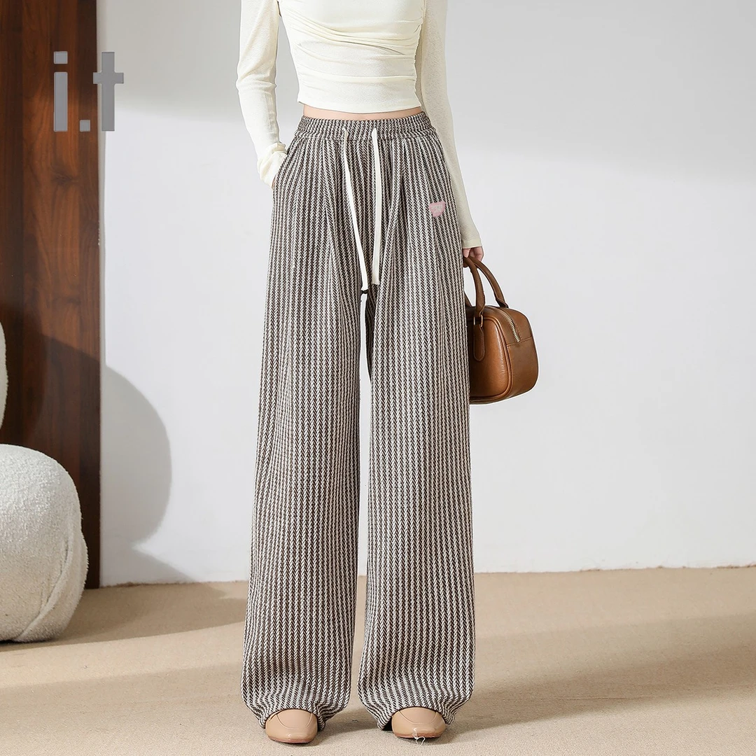 CHOCOOLATE条纹休闲裤春季款运动宽松直筒松紧腰长裤女