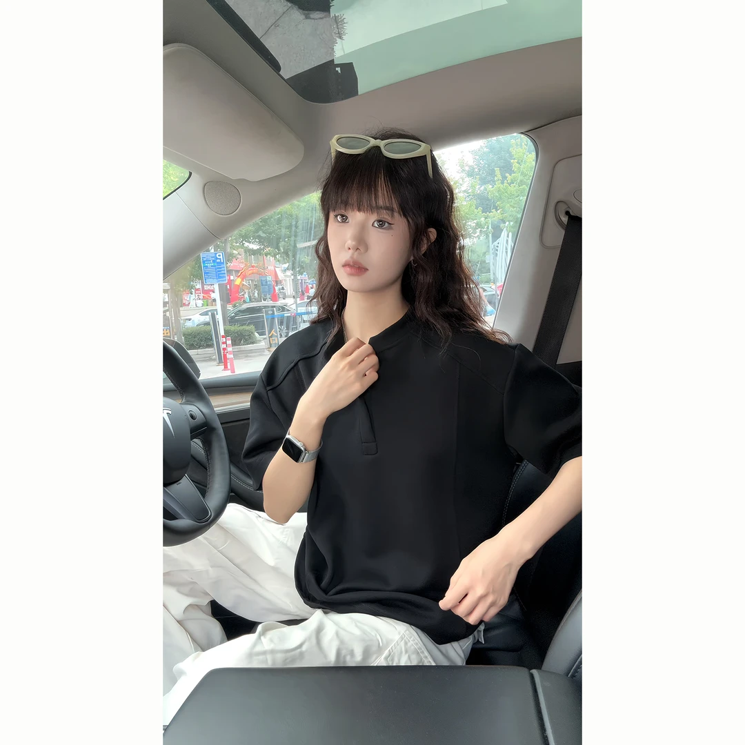 黑色亨利领短袖polo衫男款痞帅高级感美式正肩t恤boxy拼接半截袖