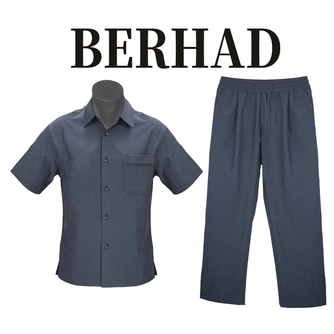 BERHAD莱赛尔棉麻夏季短袖衬衫套装男士宽松透气高端男装专柜同款
