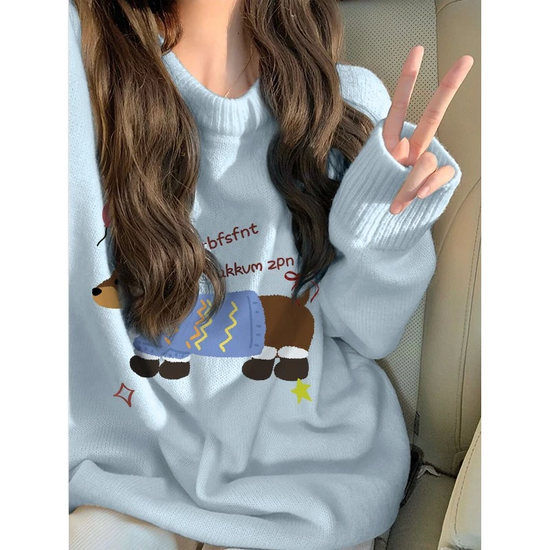 CHUDUOMI/初朵蜜韩版宽松慵懒风软糯套头针织衫秋冬蓝色款毛衣