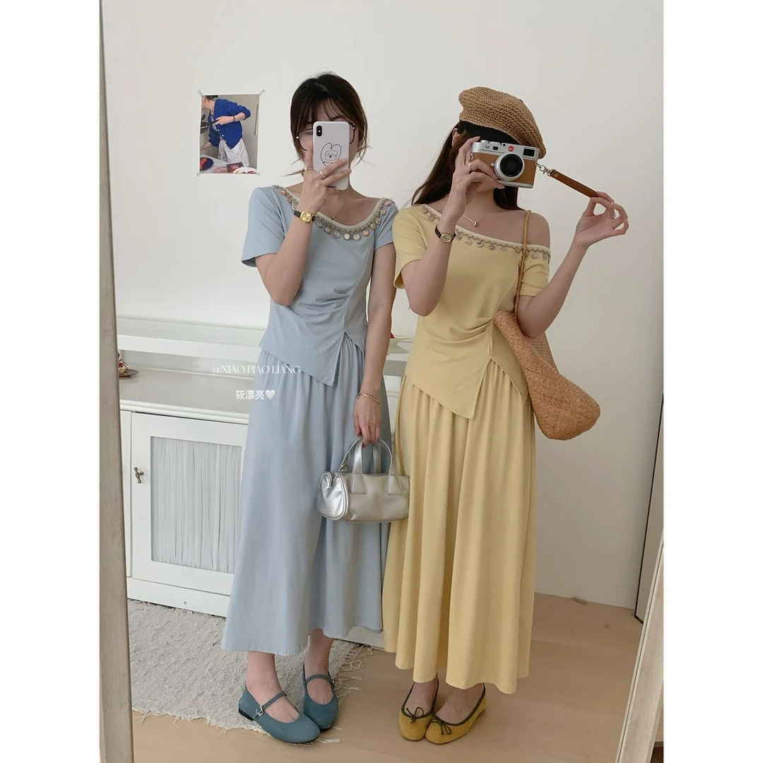 新款法式亮片一字领不规则褶皱收腰显瘦百搭上衣+半身裙3155#0.1