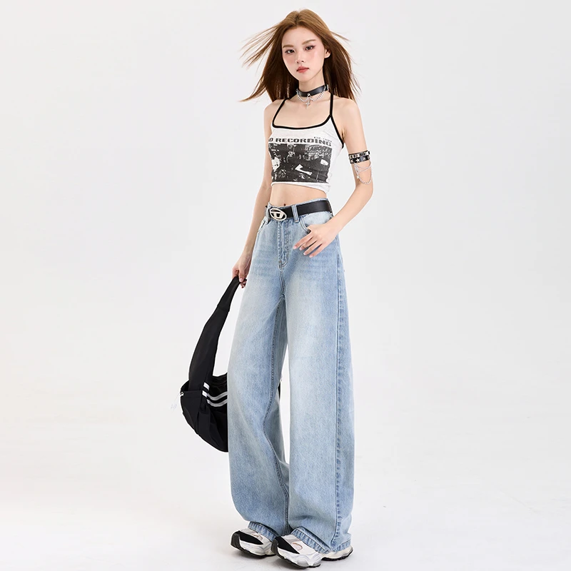 哥弟阿玛施正破洞直筒牛仔裤女夏季新品显瘦宽松垂感浅蓝色阔腿裤