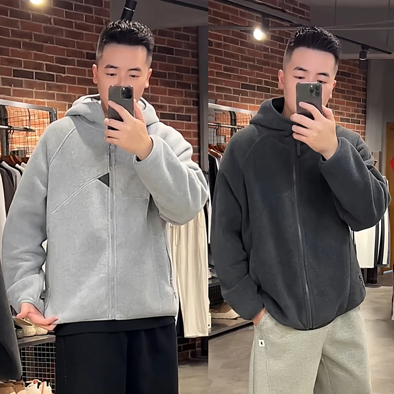 秋季新款双面摇粒绒连帽外套男高档潮牌时尚百搭加厚保暖开衫卫衣