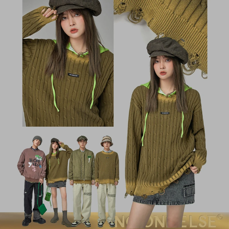 NO ONE ELSE美式复古女装秋冬琥珀流光宽松圆领破洞长袖针织衫