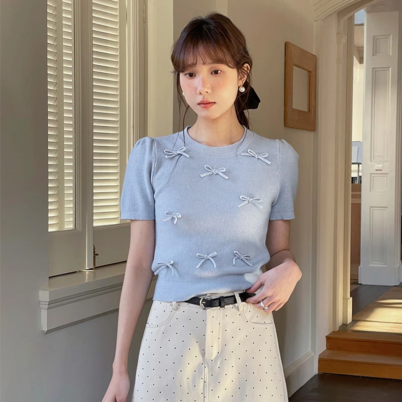 立体蝴蝶结短袖针织衫女韩系春季流行修身显瘦温柔高级感短款上衣