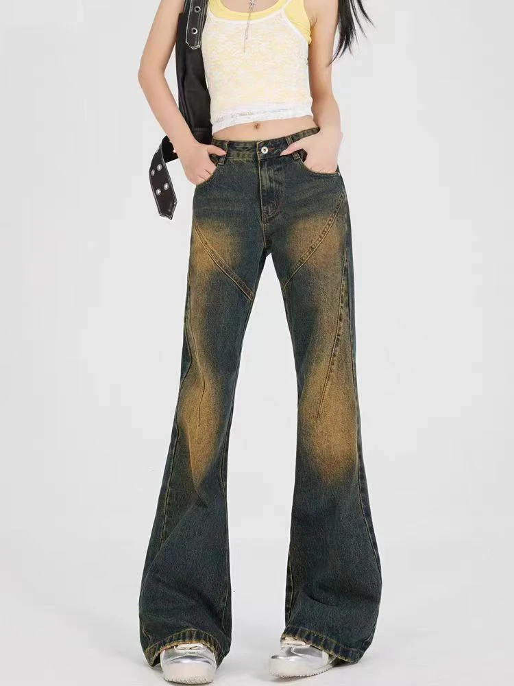 2025新款复古做旧不贴腿微喇牛仔裤女显瘦百搭长裤子（瑕疵，慎拍）