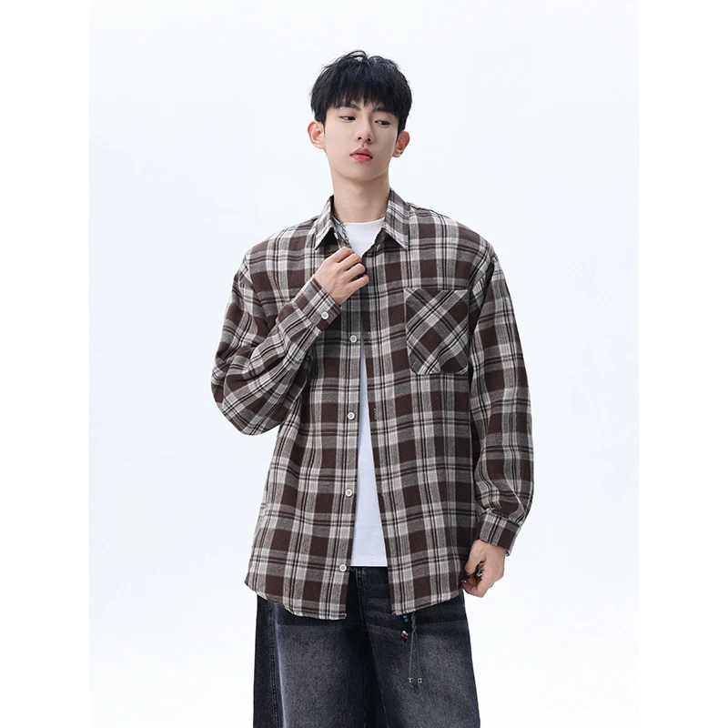 格子衬衫男款春秋男士秋季外套2025新款长袖衬衣青少年休闲上衣薄