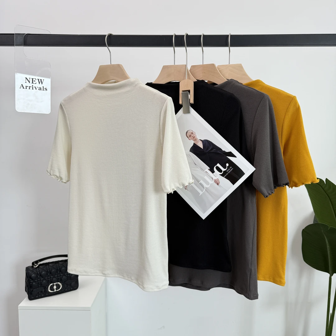 A330修身舒适简约百搭显瘦时尚夏季女士立领纯色短袖半透薄纱t恤