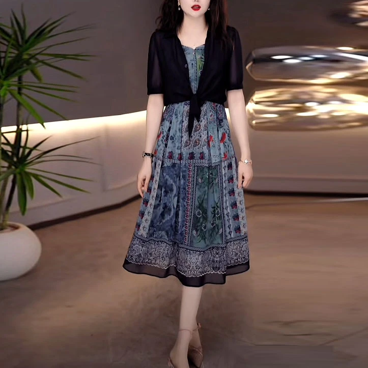 珍珠纱外披云锦丝连衣裙两件套2025夏季新款时尚气质复古印花裙子
