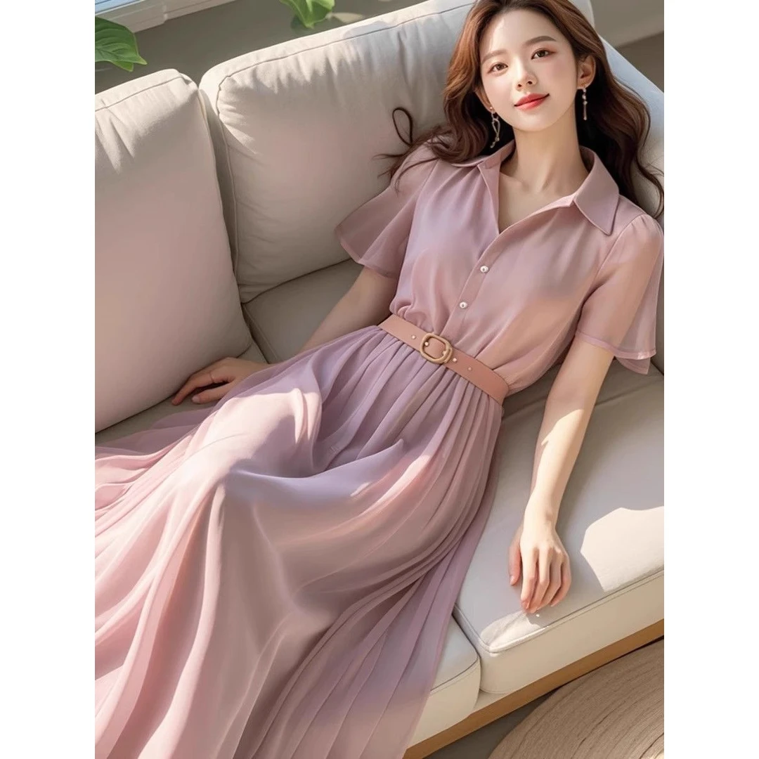 【JINGKE】2025新款夏季今年流行的简单大方高级感紫色雪纺连衣裙