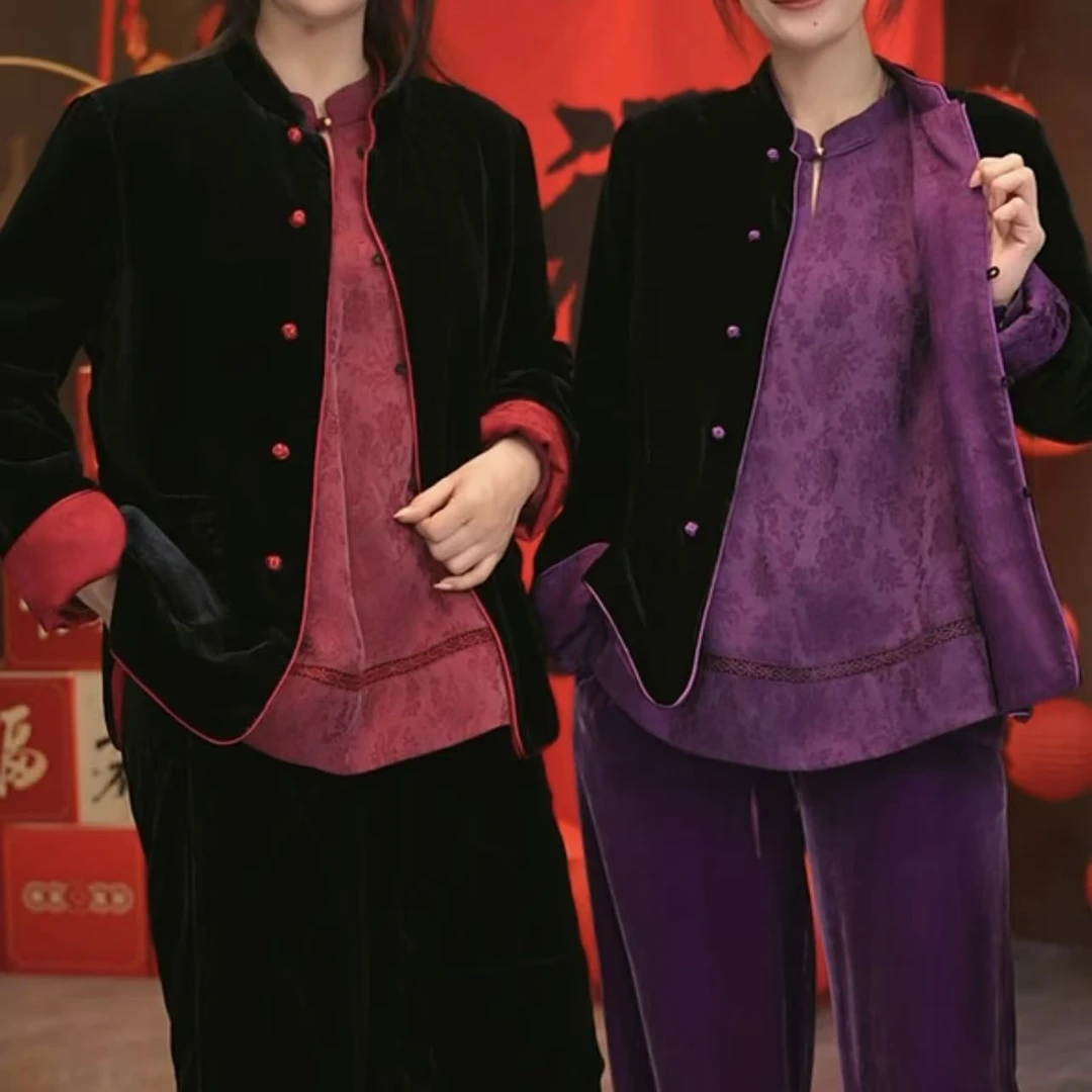 QNH-丝绒拼提花两面穿正肩款加棉唐装