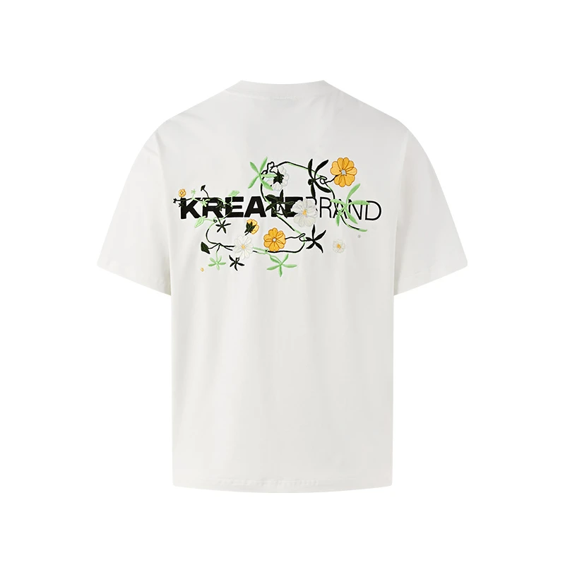 KREATE刺绣花卉小LOGOT恤男士运动休闲情侣夏季印花圆领卡通