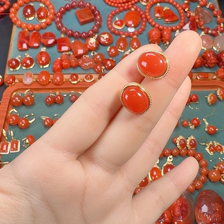 南红玛瑙银S925镶嵌耳饰
