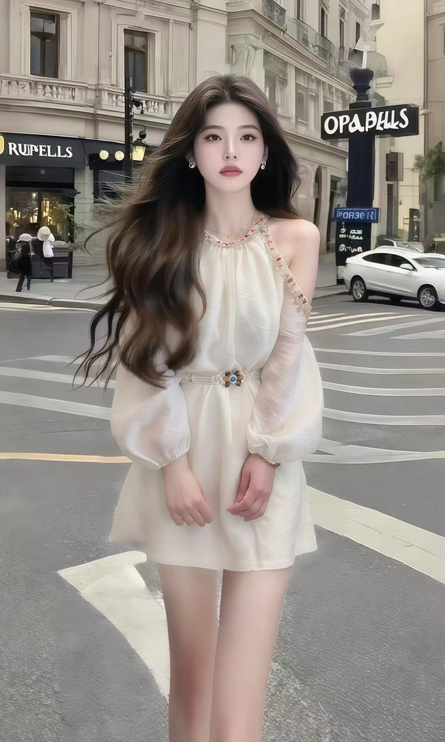 秋季宽松腰长裙修身裙露肩连衣裙裙子法式白色轻奢泡泡袖设计感