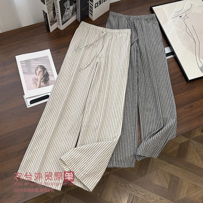 （衣兮条纹休闲棉麻裤）新款时尚舒适百搭松紧腰系带棉麻阔腿裤H