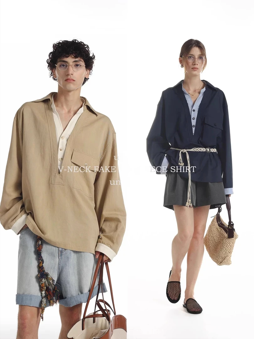 2025秋季假两件长袖衬衫男 老钱风莱赛尔天丝V领撞色情侣休闲寸衣